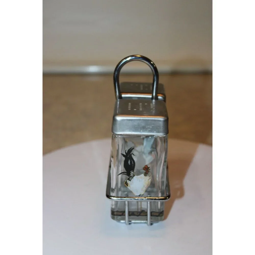 Salt & Pepper Shakers - Square Glass with Chickens Metal Stand